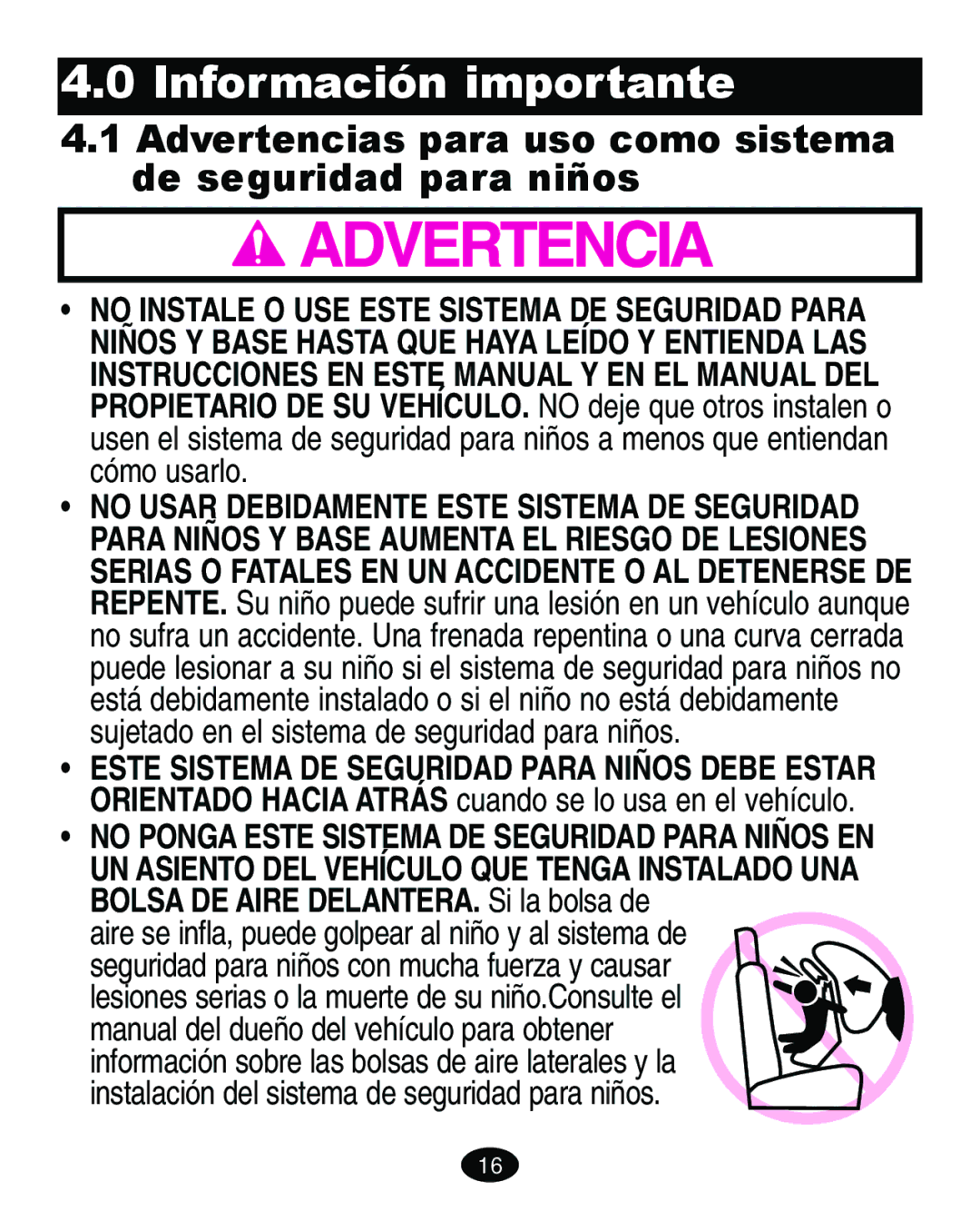 Graco ISPA010AD manual Información importante, Advertencias para uso como sistema de seguridad para niños 