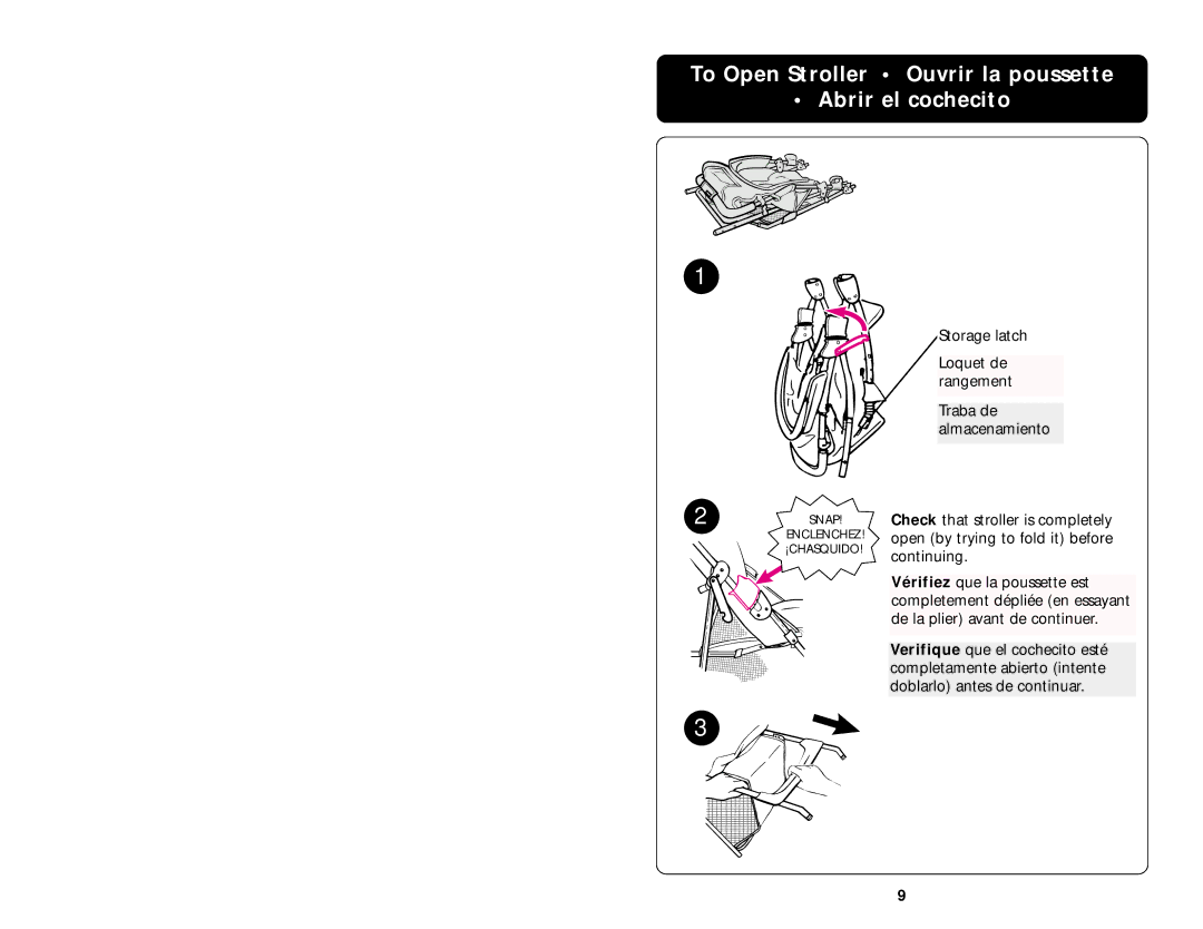 Graco ISPA020AA manual To Open Stroller Ouvrir la poussette Abrir el cochecito 