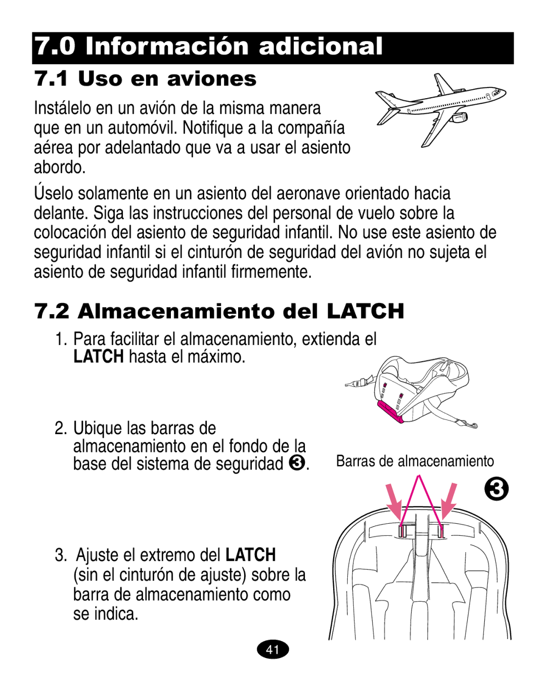 Graco ISPA020AB manual Información adicional, Uso en aviones, Almacenamiento del Latch 