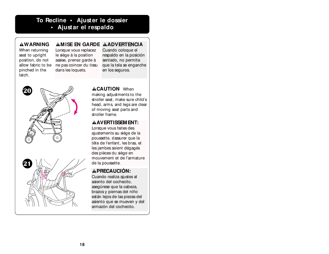 Graco ISPA020AB manual To Recline Ajuster le dossier Ajustar el respaldo, Avertissement 