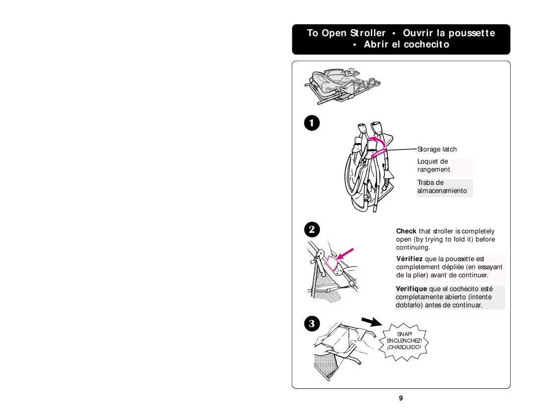 Graco ISPA020AB manual To Open Stroller Ouvrir la poussette Abrir el cochecito 