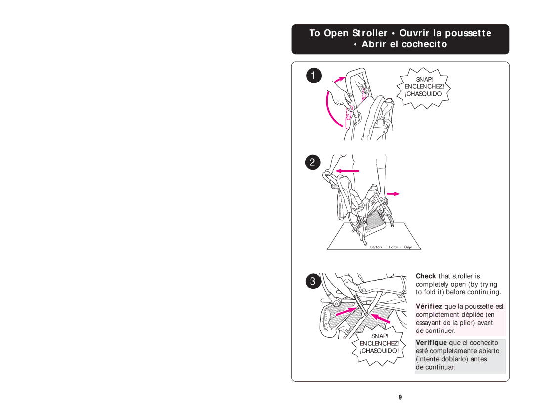 Graco ISPA059AA manual To Open Stroller Ouvrir la poussette Abrir el cochecito 