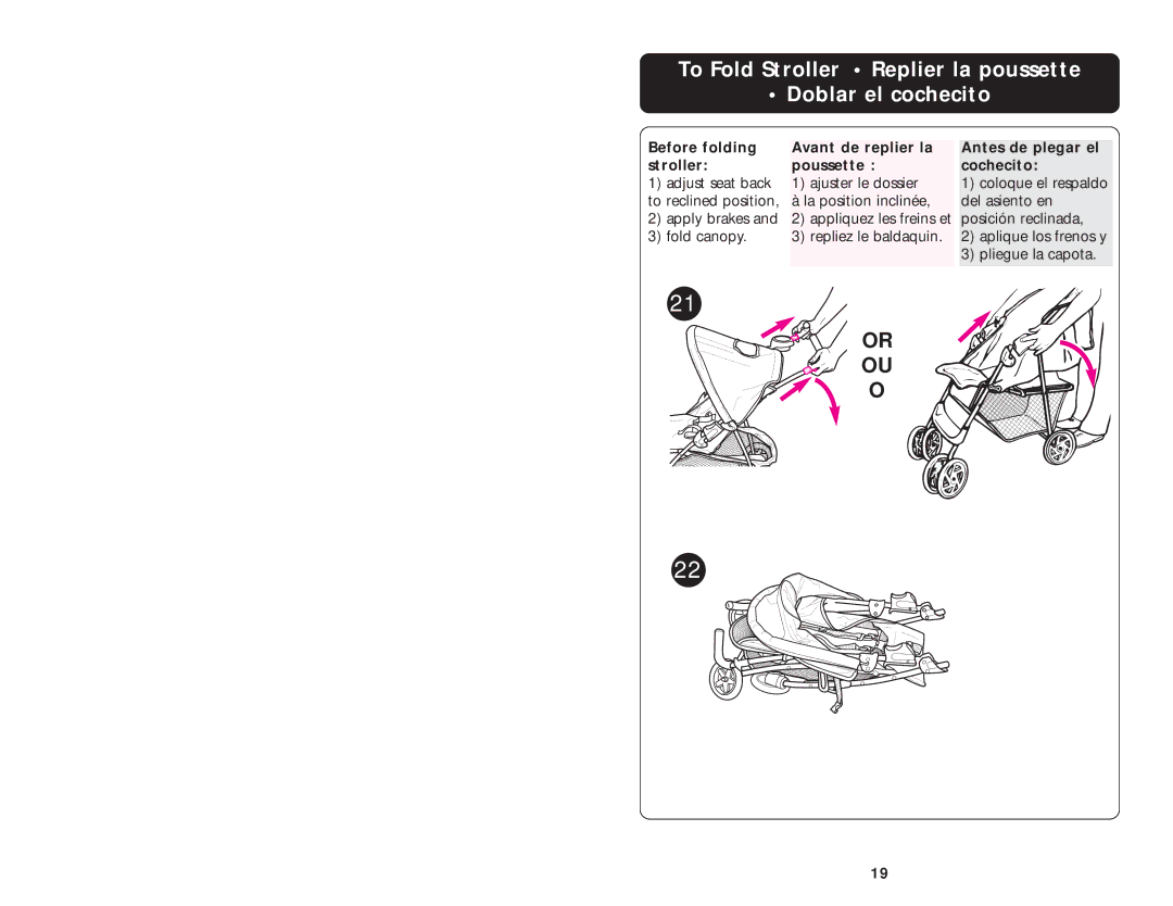 Graco ISPA061AA manual To Fold Stroller Replier la poussette Doblar el cochecito 