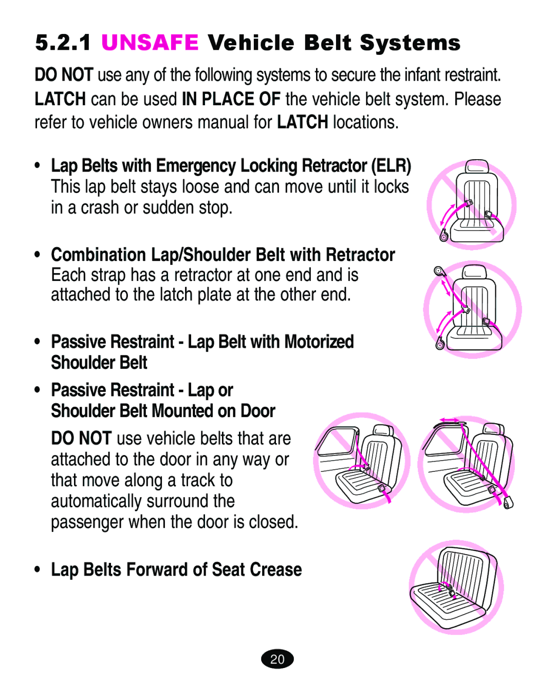 Graco ISPA063AA manual Unsafe Vehicle Belt Systems, Passive Restraint Lap Belt with Motorized Shoulder Belt 