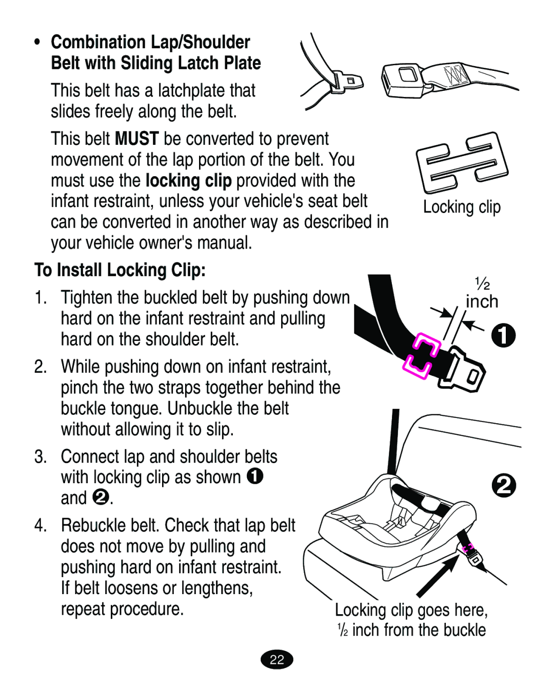 Graco ISPA063AA manual To Install Locking Clip, Connect lap and shoulder belts with locking clip as shown 