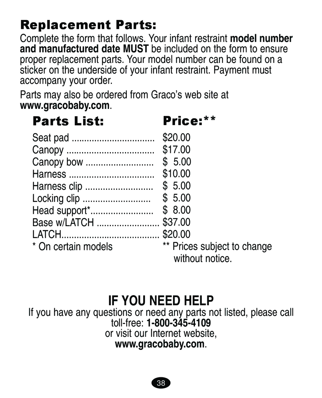 Graco ISPA063AA manual Replacement Parts, Parts List Price, Toll-free1-800-345-4109 