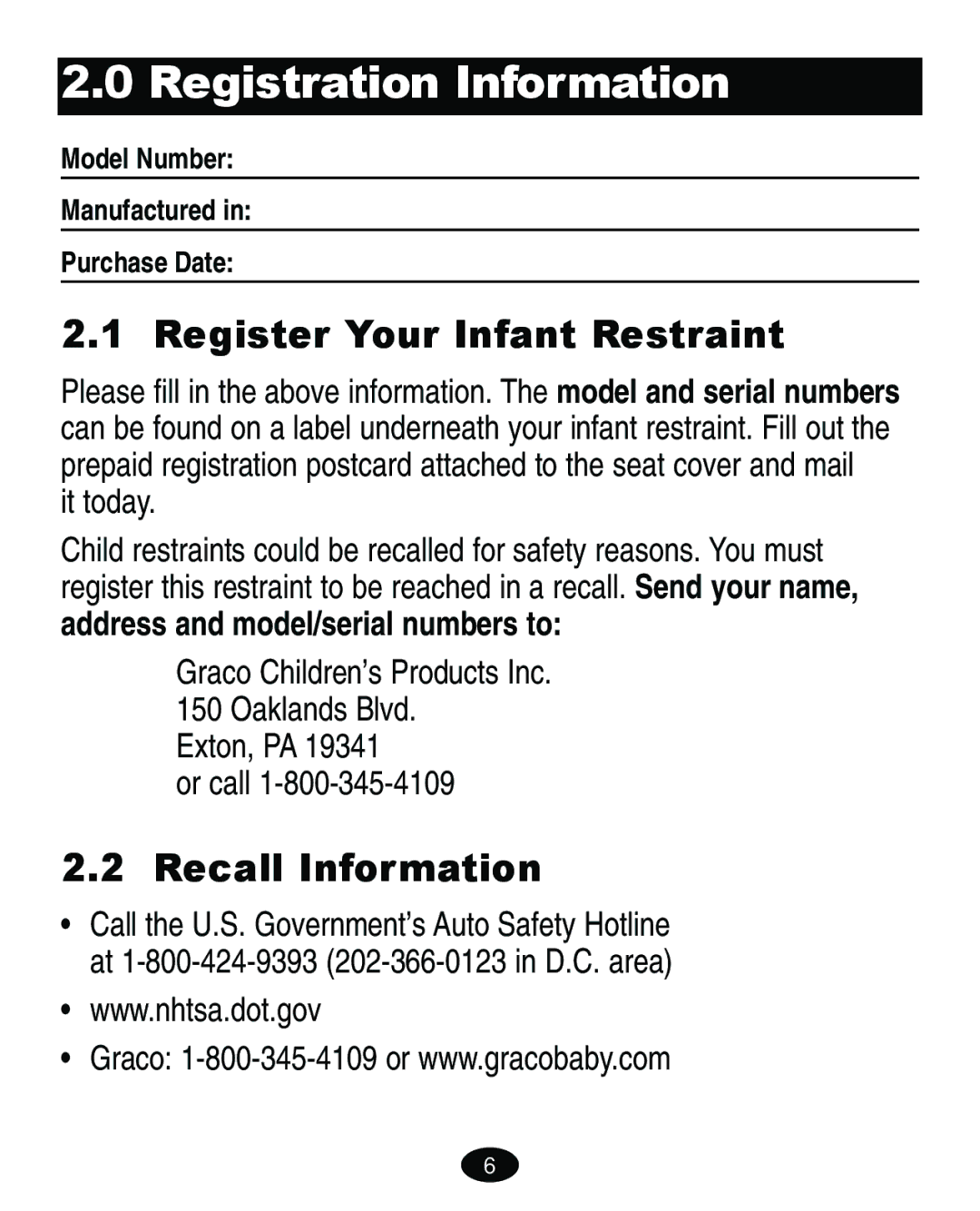 Graco ISPA067AA Registration Information, Register Your Infant Restraint, Recall Information, It today, Exton, PA Or call 