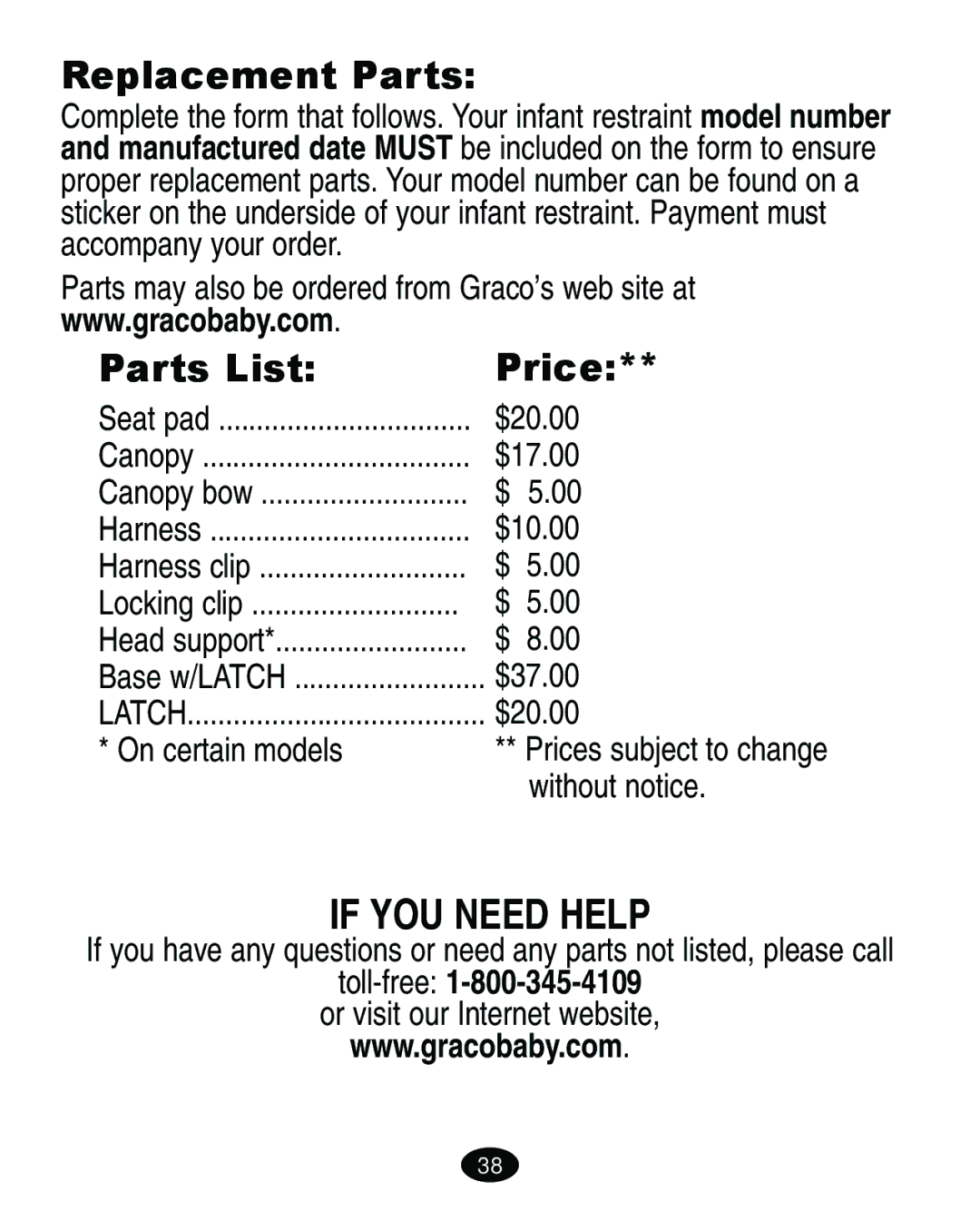 Graco ISPA067AA manual Replacement Parts, Parts List Price, Toll-free1-800-345-4109 