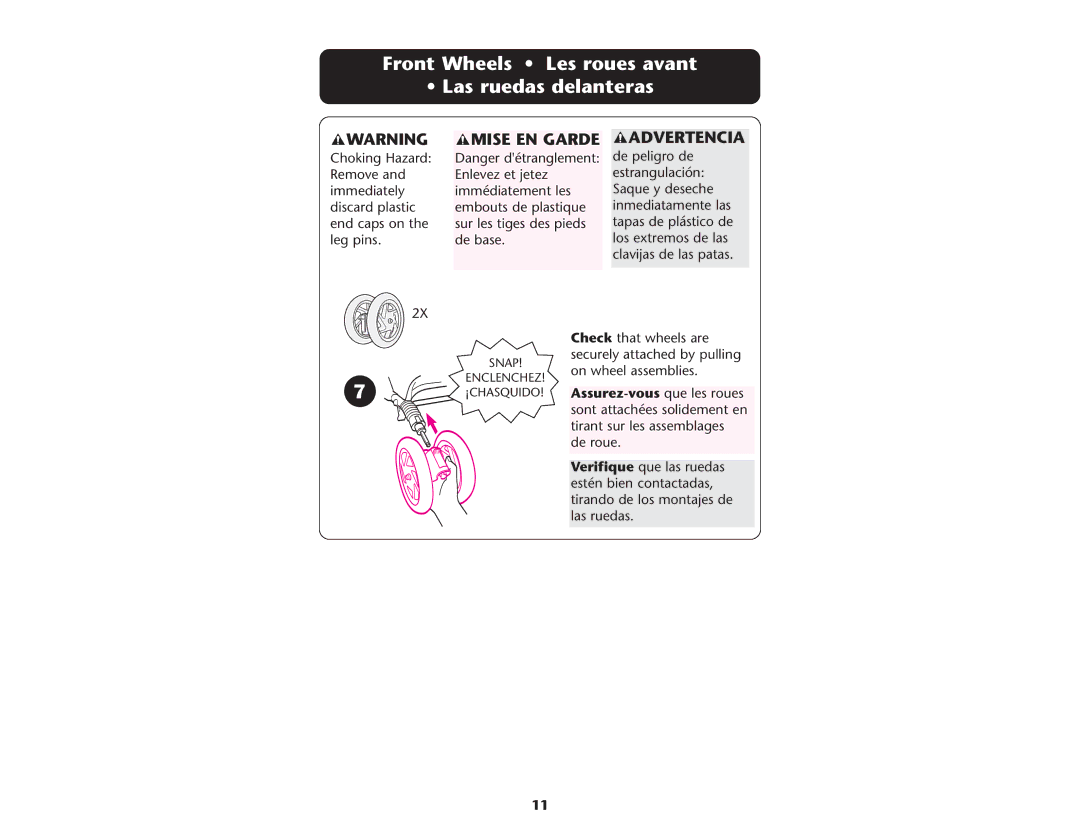 Graco ISPA067AE manual Front Wheels Les roues avant Las ruedas delanteras, Mise EN Garde Advertencia 
