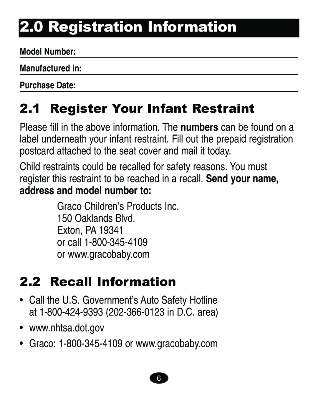 Graco ISPA067AE manual Registration Information, Register Your Infant Restraint, Recall Information, Exton, PA 