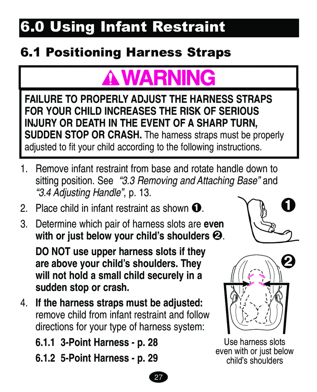 Graco ISPA067AE manual Using Infant Restraint, Positioning Harness Straps, 1 3-Point Harness p 2 5-Point Harness p 