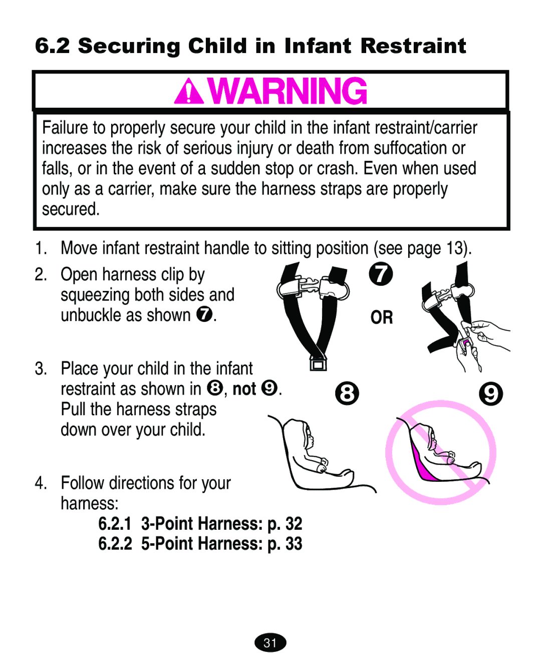 Graco ISPA067AE manual Securing Child in Infant Restraint, Open harness clip by Squeezing both sides Unbuckle as shown 