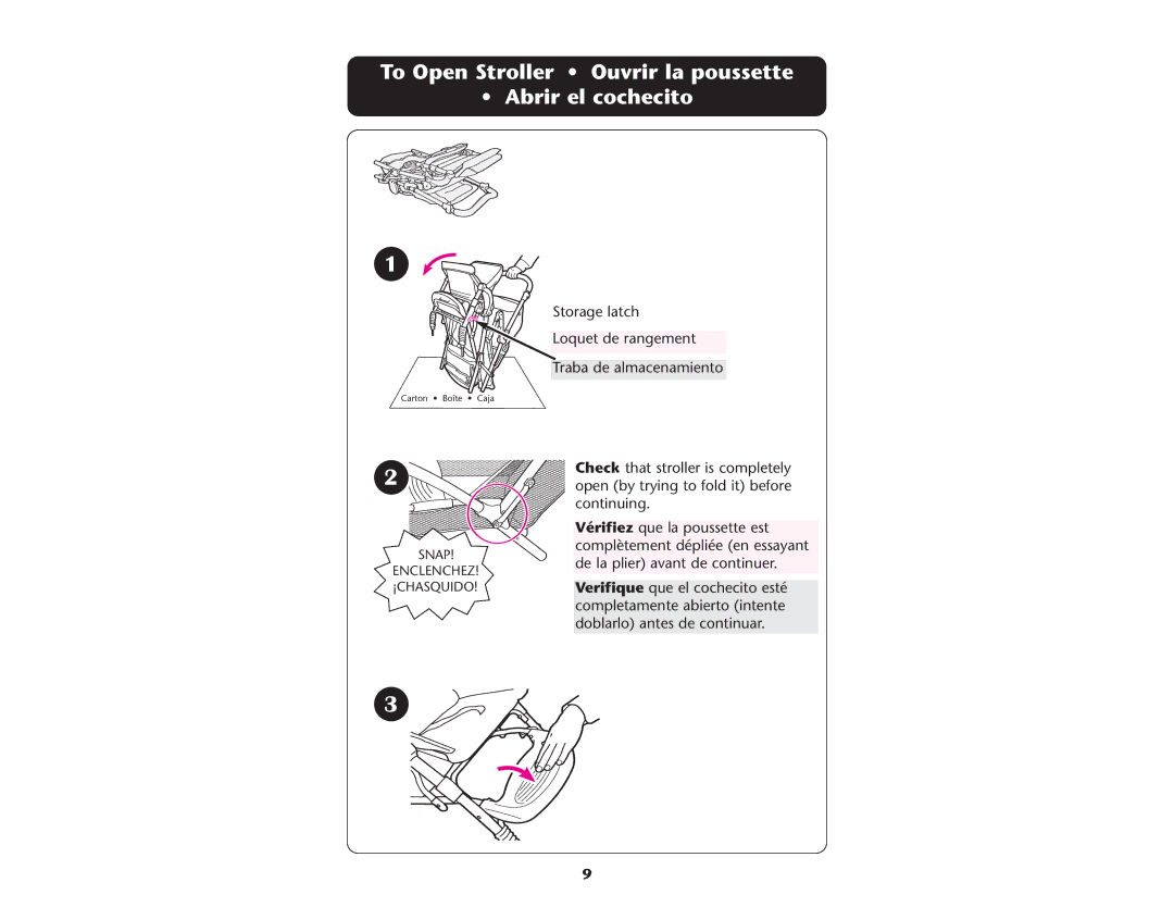 Graco ISPA067AE manual To Open Stroller Ouvrir la poussette Abrir el cochecito 