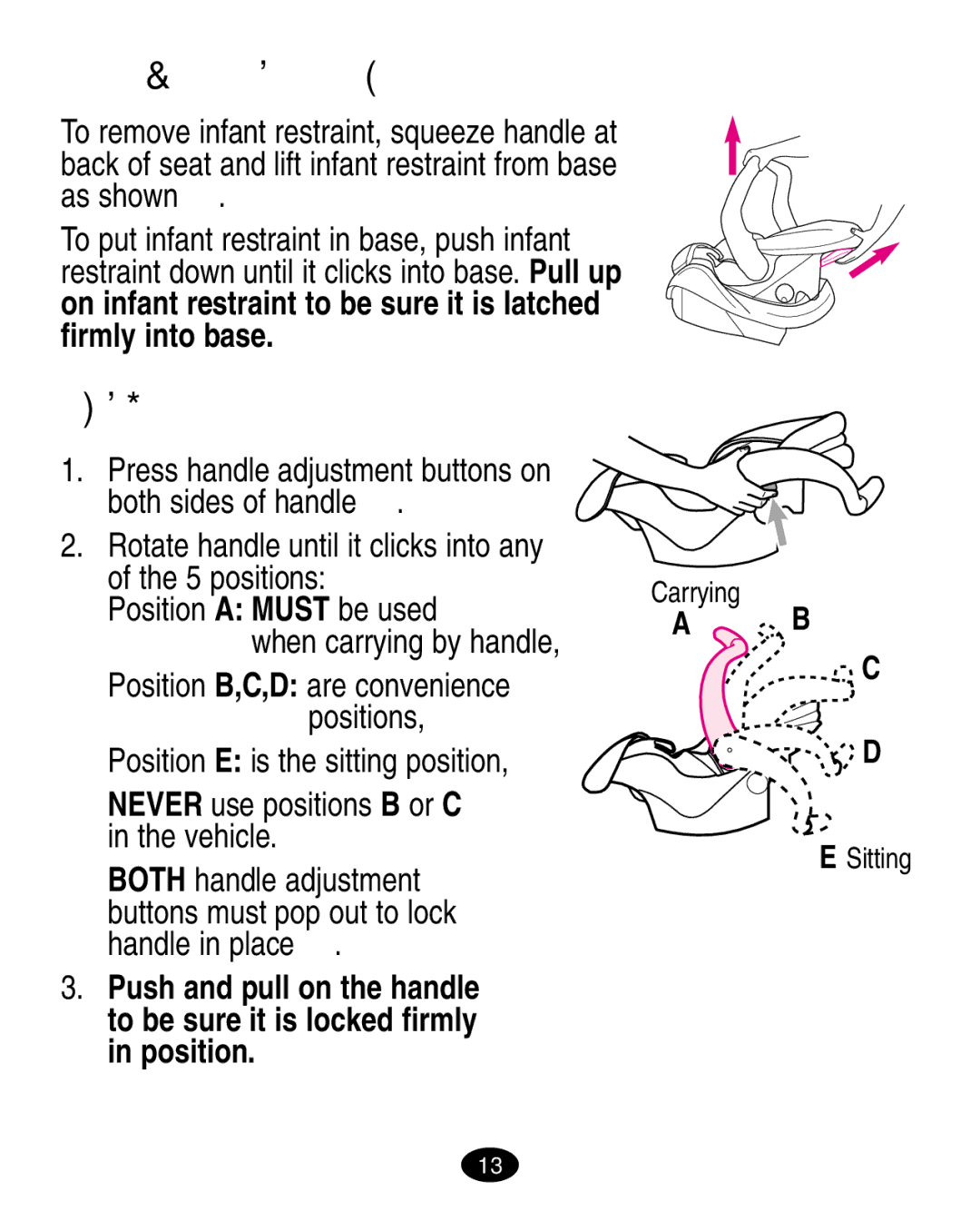 Graco ISPA081AA manual Removing and Attaching Base, Adjusting Handle, Back of seat and lift infant restraint from base 