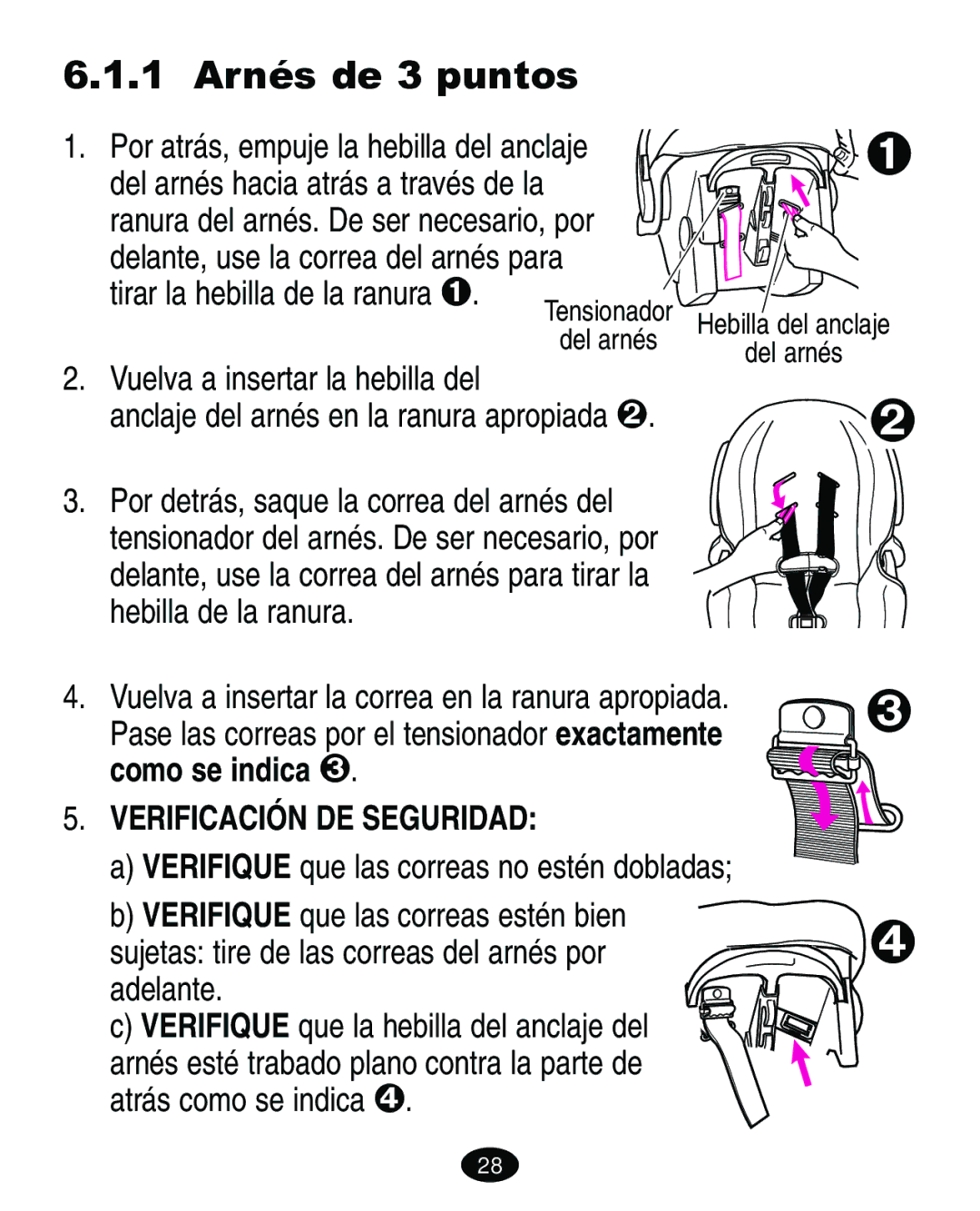 Graco ISPA081AC manual 1 Arnés de 3 puntos, Tirar la hebilla de la ranura, Verificación DE Seguridad 