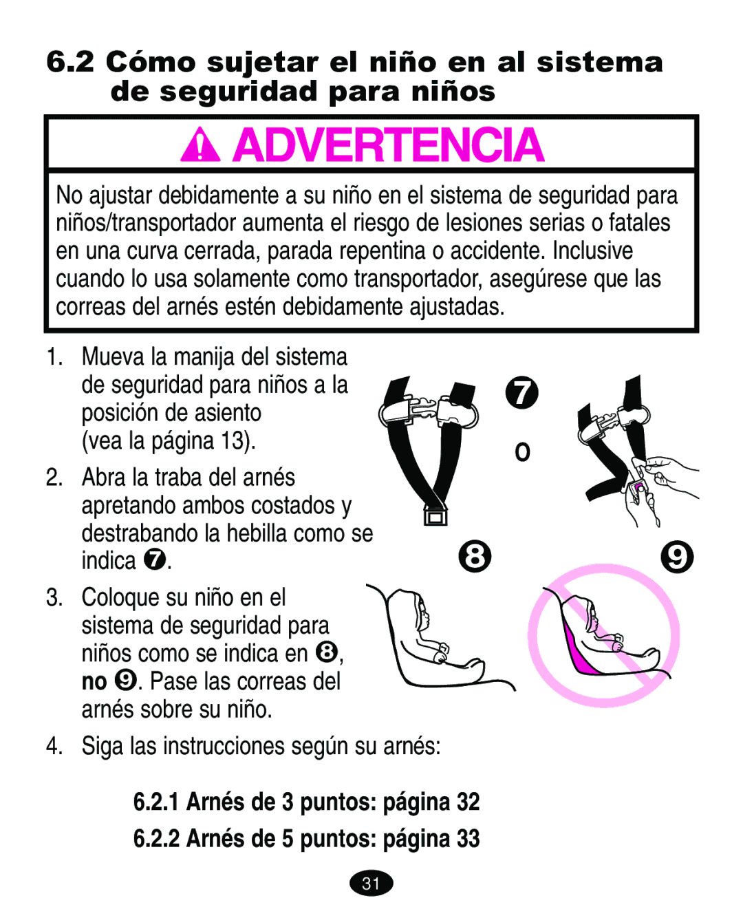 Graco ISPA081AC manual Cómo sujetar el niño en al sistema de seguridad para niños, Siga las instrucciones según su arnés 