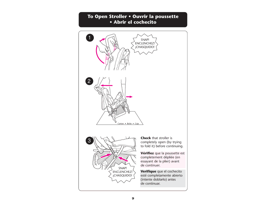 Graco ISPA083AD manual To Open Stroller Ouvrir la poussette Abrir el cochecito 