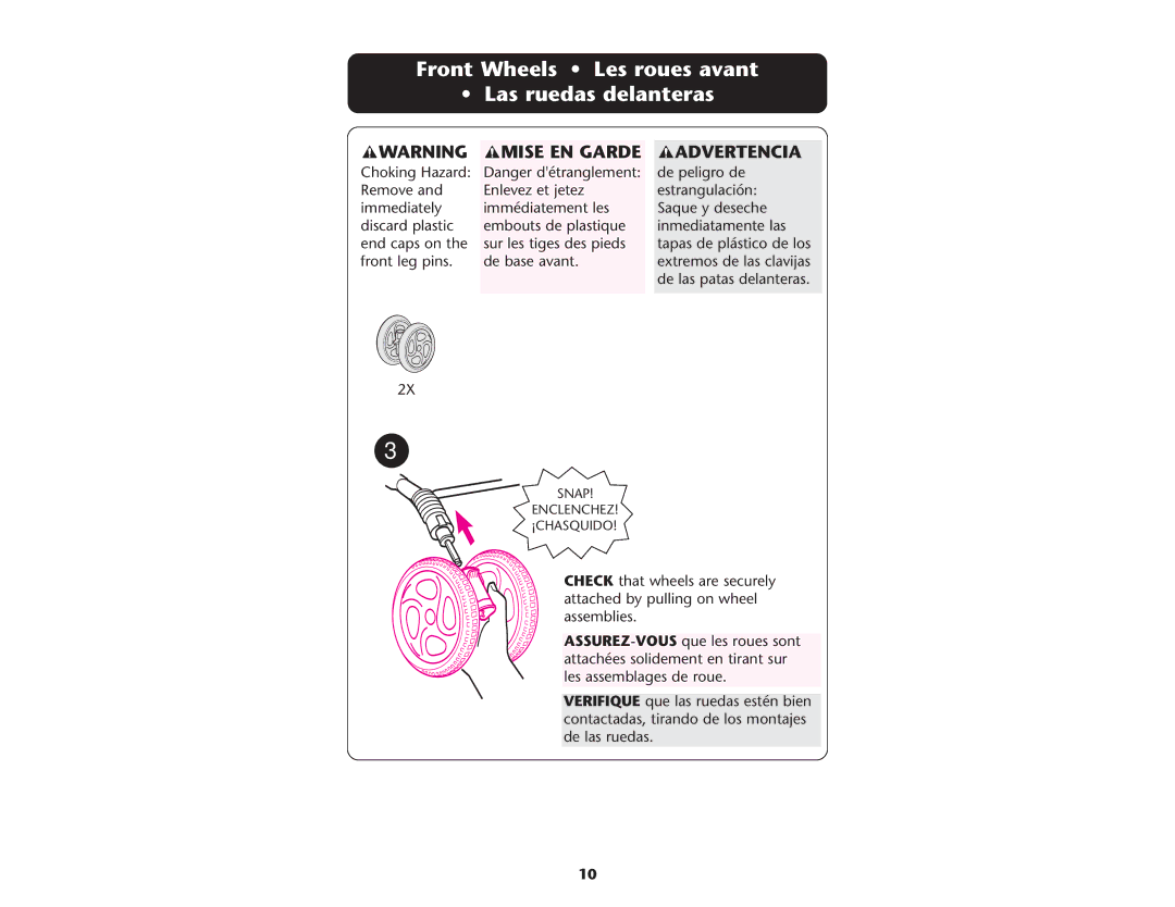 Graco ISPA085AB manual Front Wheels Les roues avant Las ruedas delanteras, Mise EN Garde 