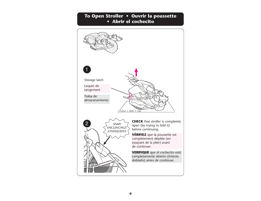 Graco ISPA085AB manual To Open Stroller Ouvrir la poussette Abrir el cochecito 