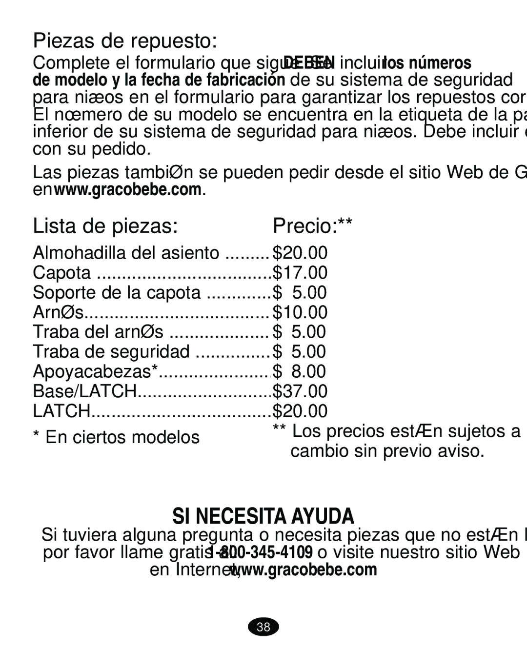 Graco ISPA089AD manual Piezas de repuesto, Lista de piezas, En ciertos modelos 