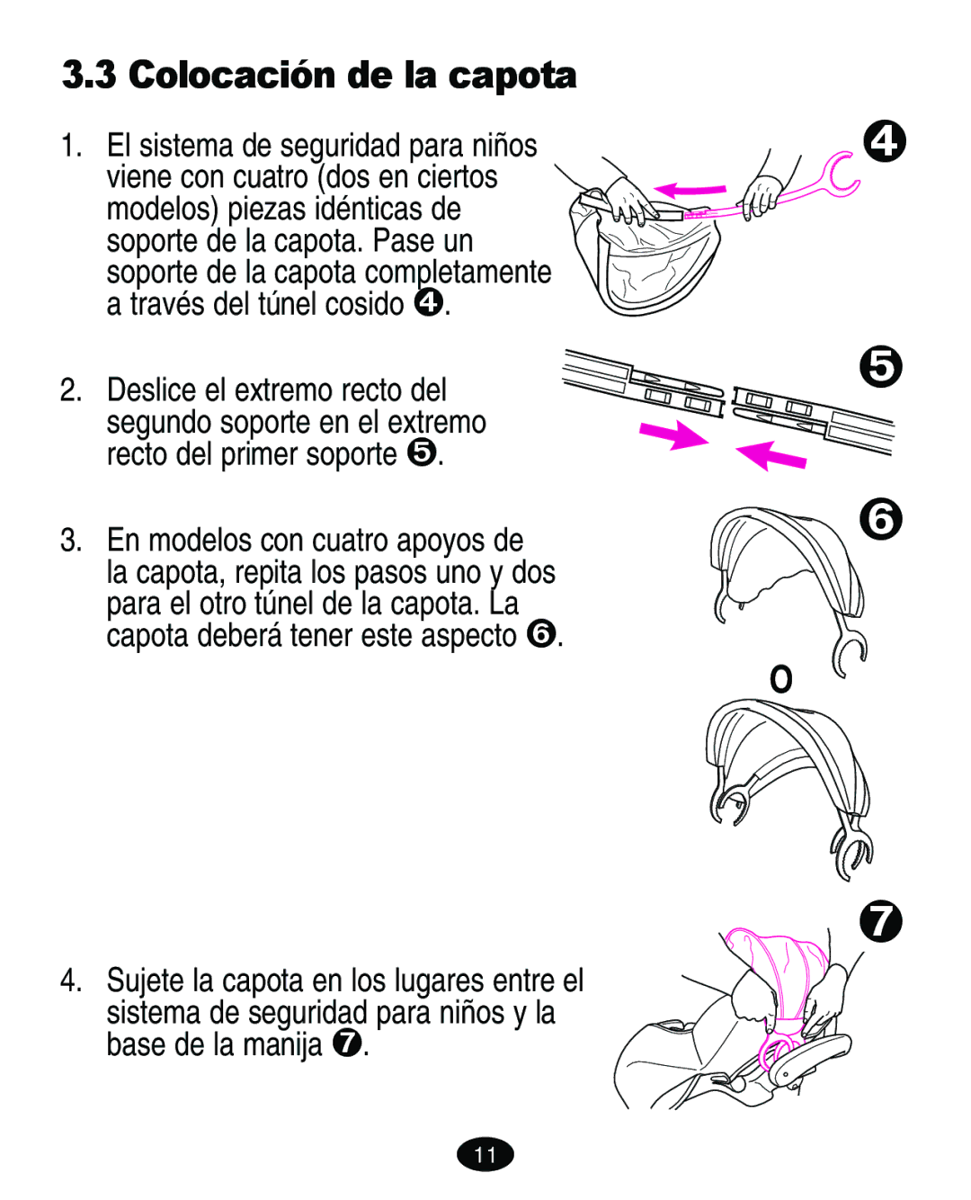 Graco ISPA089AD manual Colocación de la capota, Través del túnel cosido 