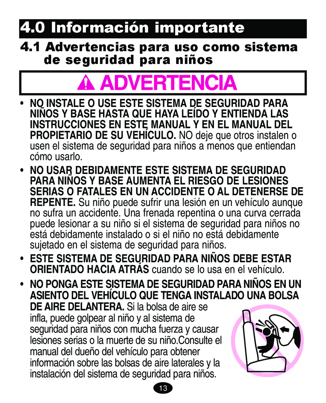 Graco ISPA089AD manual Información importante, Advertencias para uso como sistema de seguridad para niños 