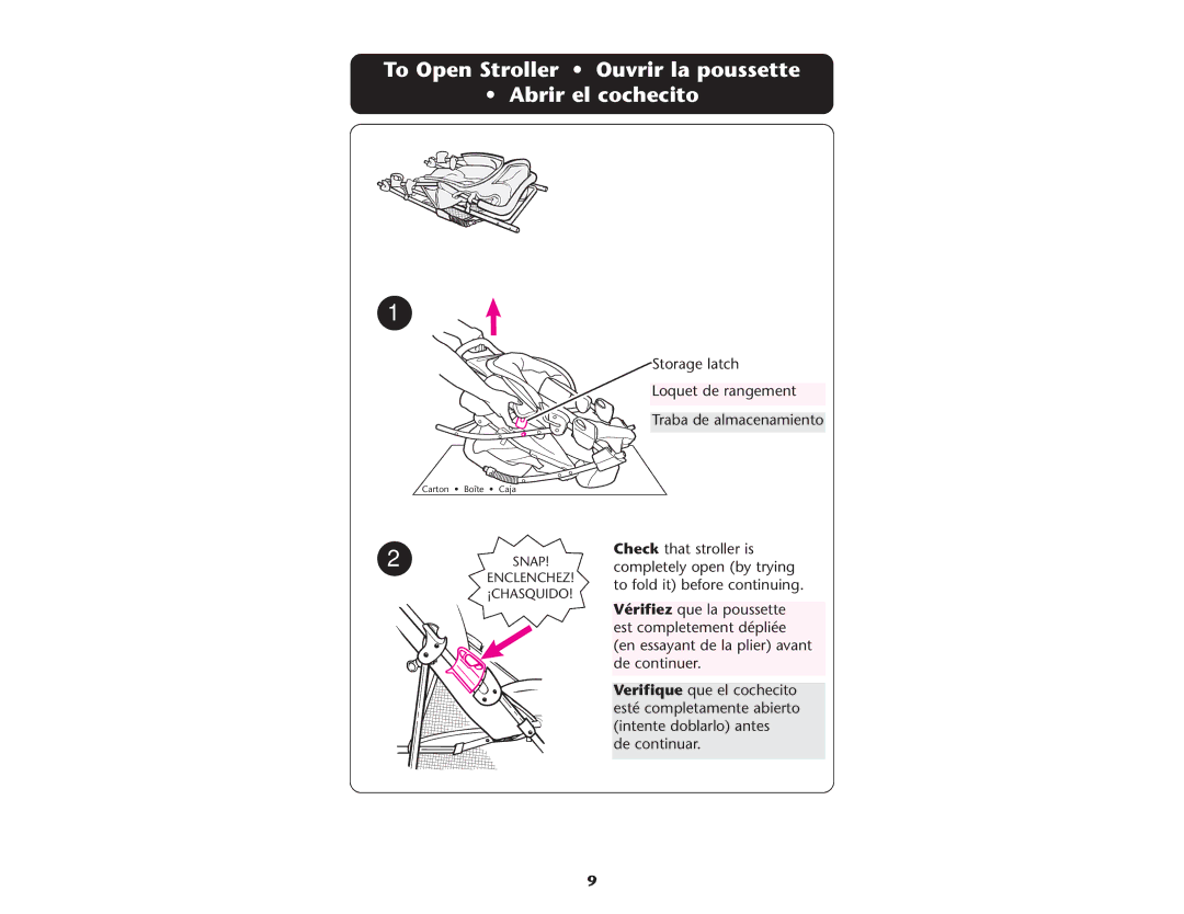 Graco ISPA089AE manual To Open Stroller Ouvrir la poussette Abrir el cochecito 