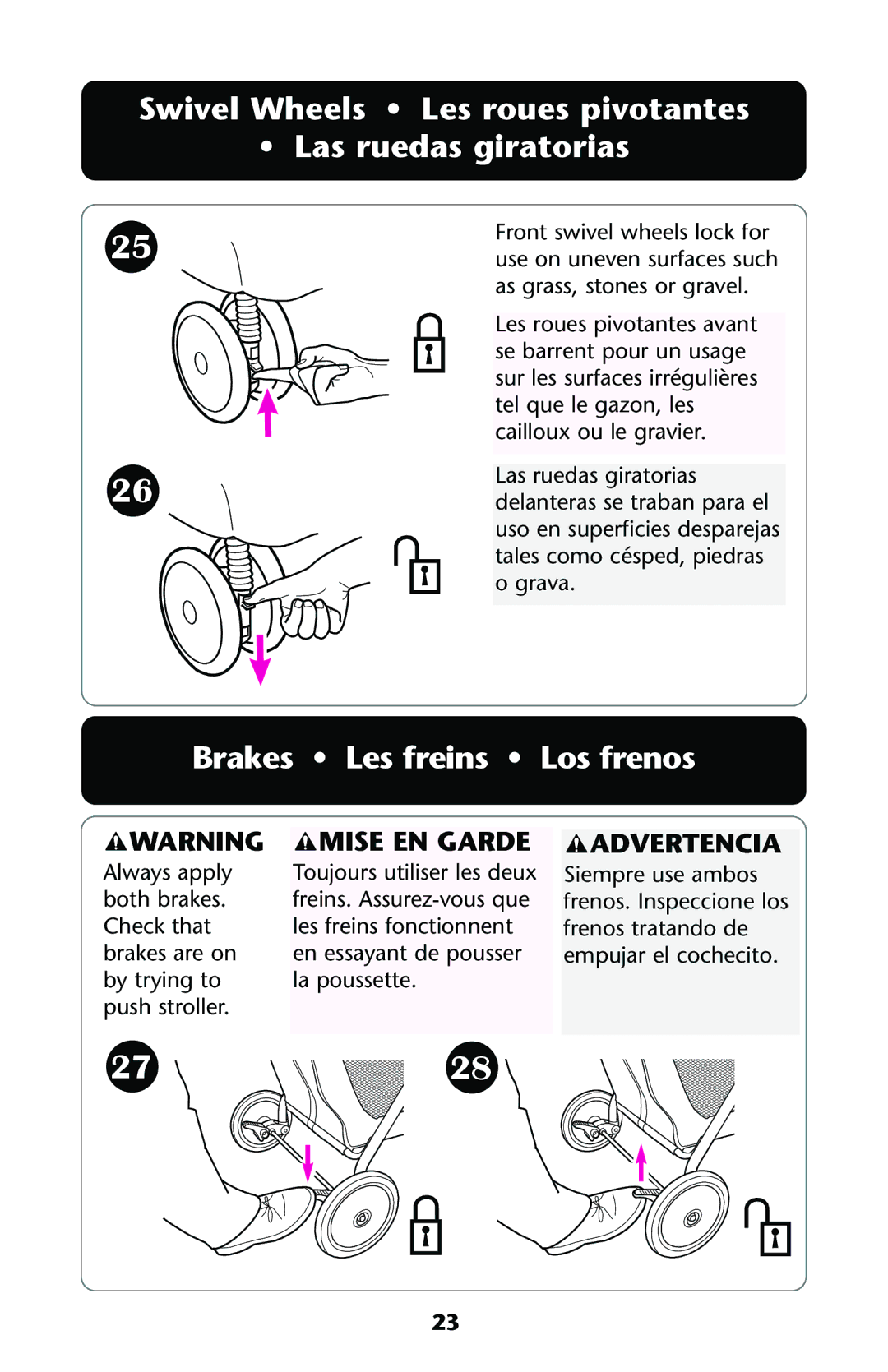 Graco ISPA108AA manual Swivel Wheels Les roues pivotantes Las ruedas giratorias, Brakes Les freins Los frenos 