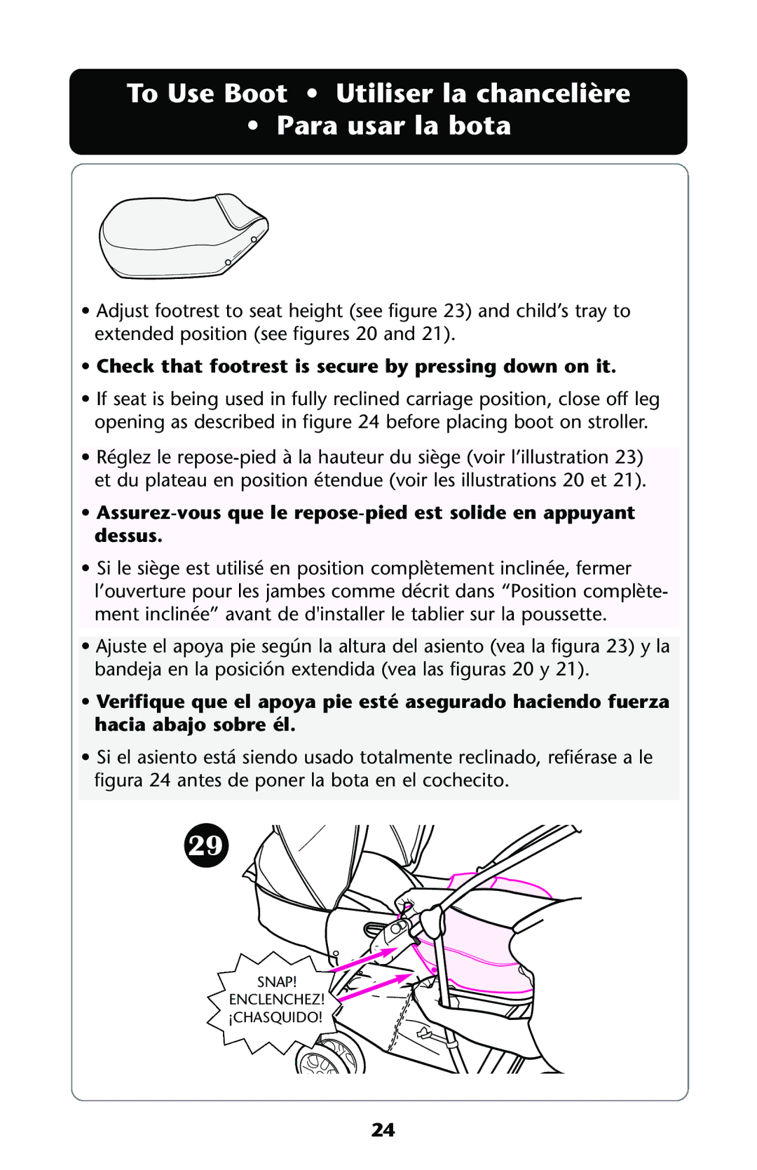 Graco ISPA108AA manual To Use Boot Utiliser la chancelière Para usar la bota 