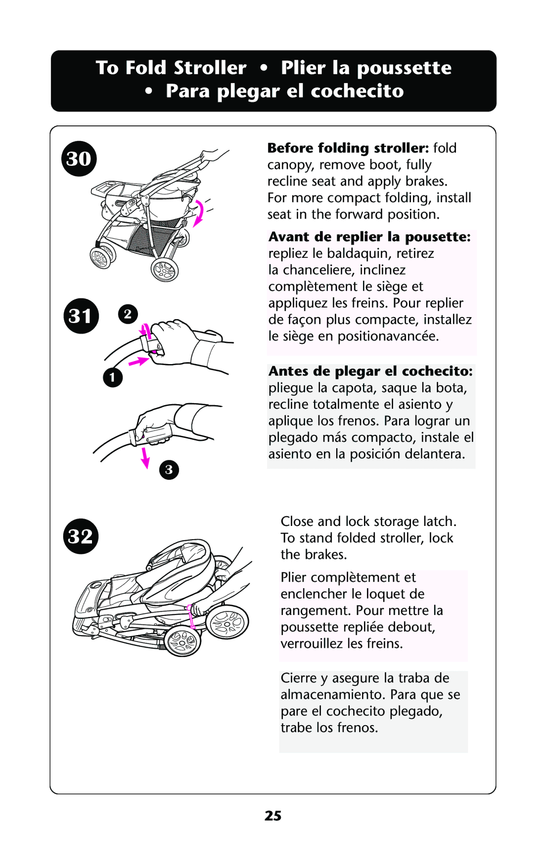 Graco ISPA108AA manual To Fold Stroller Plier la poussette Para plegar el cochecito 