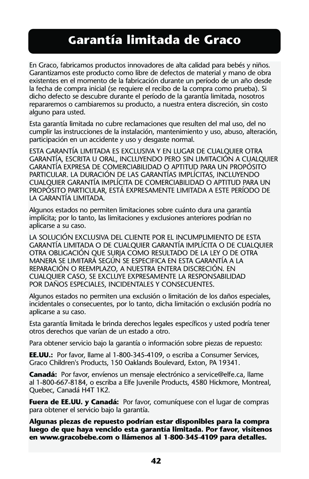 Graco ISPA108AA manual Garantía limitada de Graco 