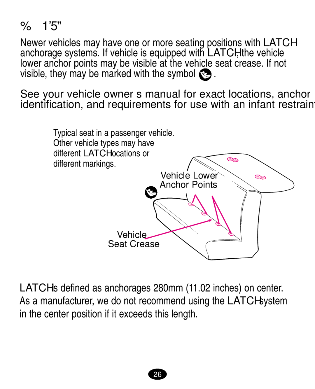 Graco ISPA108AA manual Latch locations, Vehicle Lower Anchor Points Seat Crease 