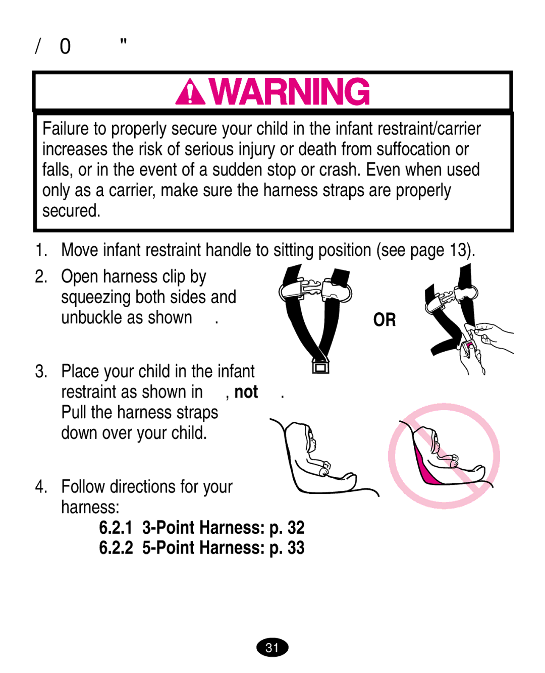 Graco ISPA108AA manual Securing Child in Infant Restraint, 1 3-Point Harness p 2 5-Point Harness p 