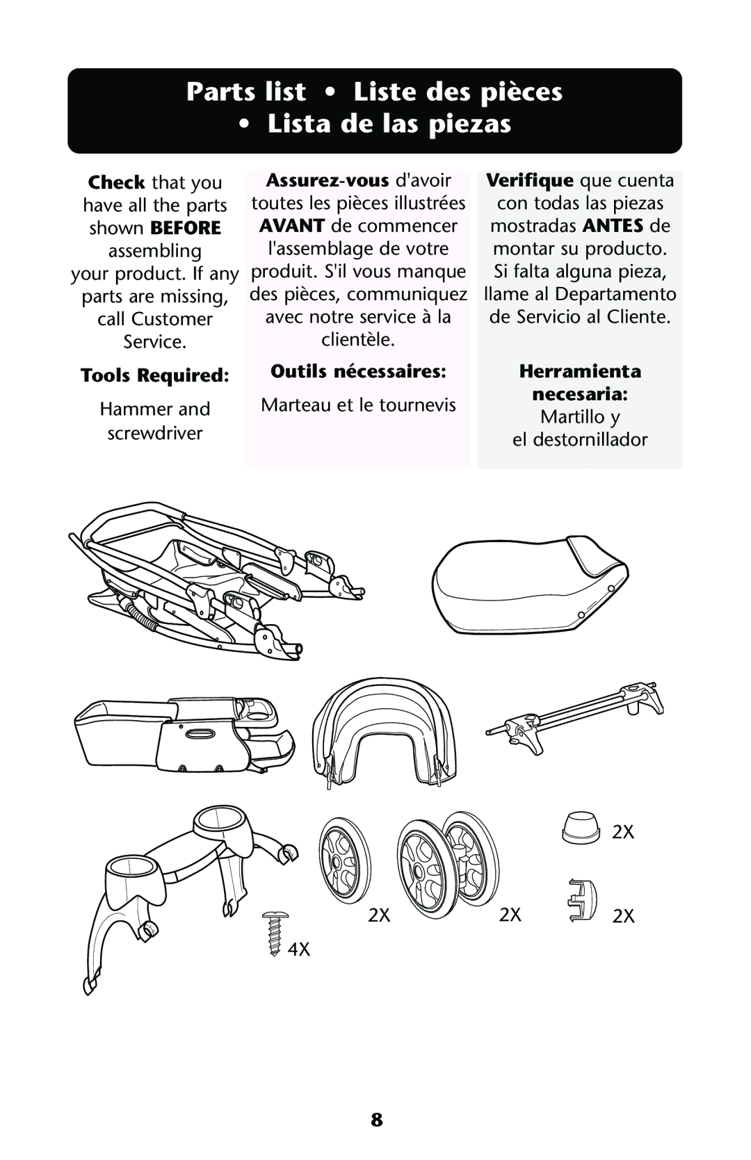 Graco ISPA108AA manual Parts list Liste des pièces Lista de las piezas, Assurez-vous davoir Verifique que cuenta 