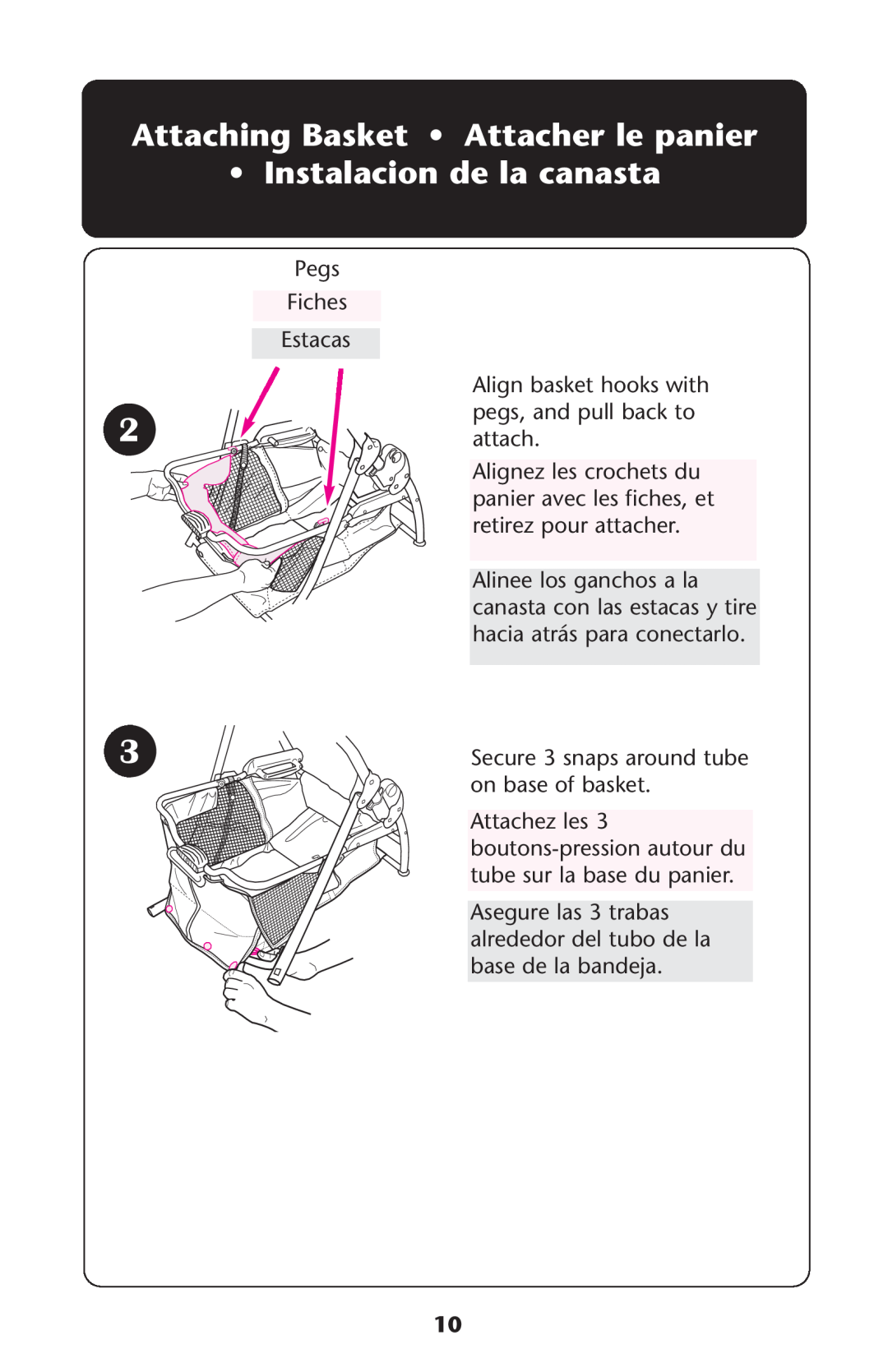 Graco ISPA108AB manual Attaching Basket Attacher le panier Instalacion de la canasta 