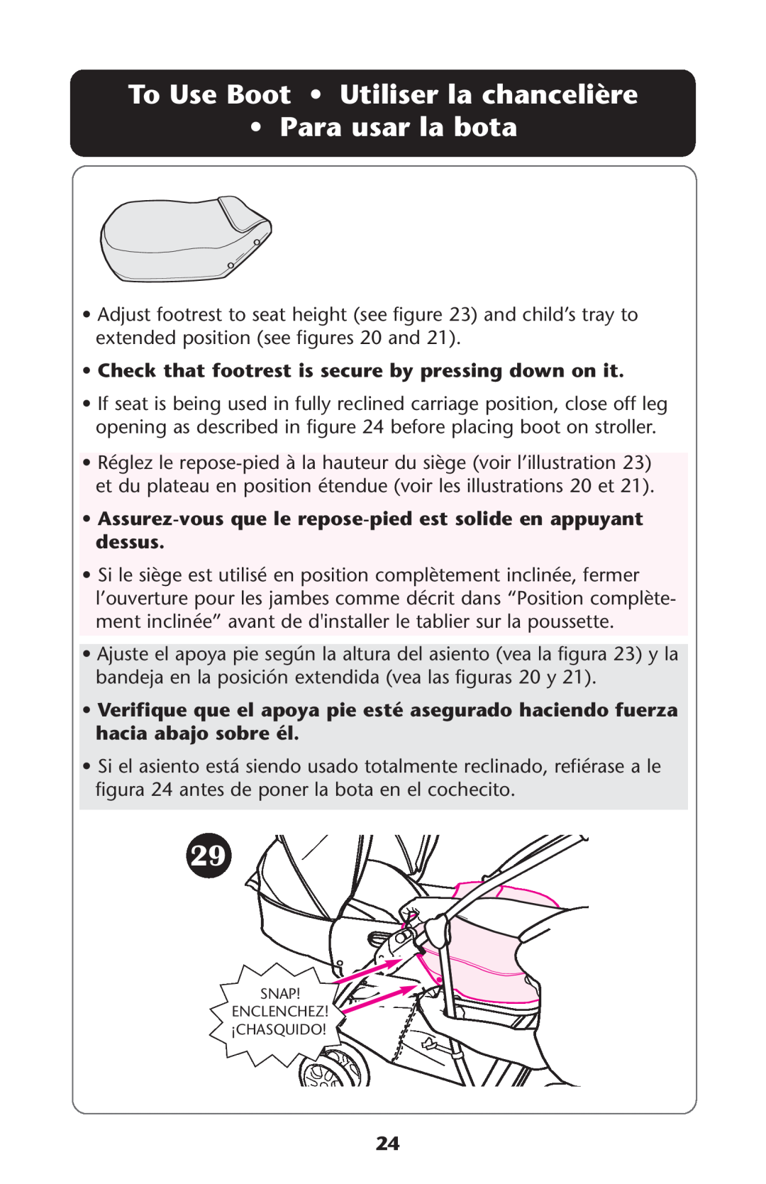 Graco ISPA108AB manual To Use Boot Utiliser la chancelière Para usar la bota 