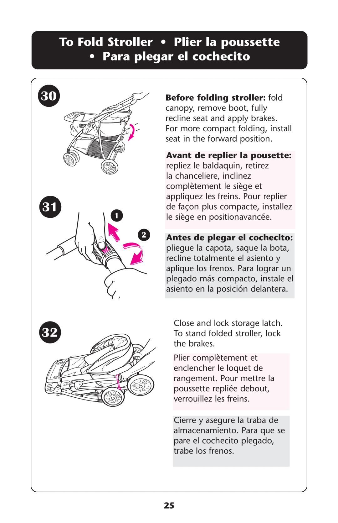 Graco ISPA108AB manual To Fold Stroller Plier la poussette Para plegar el cochecito, Before folding stroller fold 