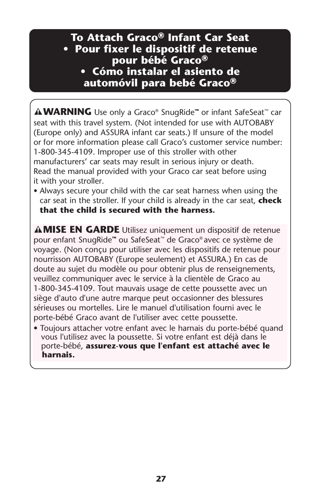 Graco ISPA108AB manual To Attach Graco Infant Car Seat, Pour fixer le dispositif de retenue pour bébé Graco 