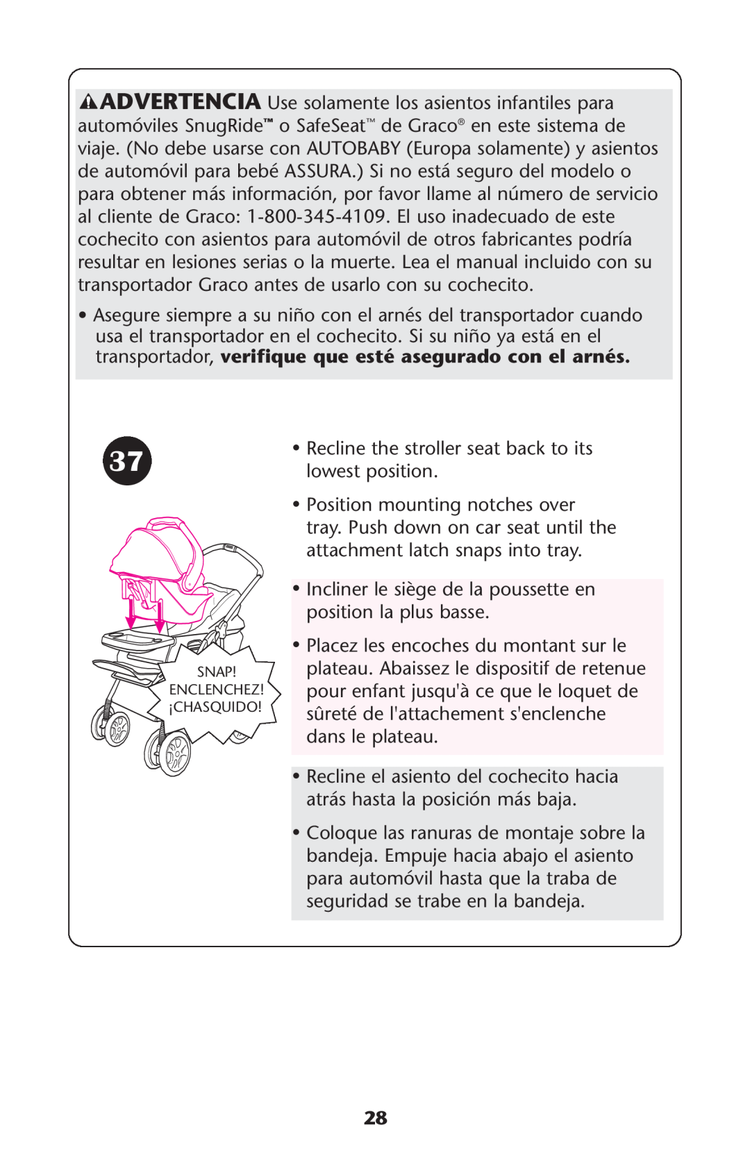 Graco ISPA108AB manual Recline the stroller seat back to its lowest position 