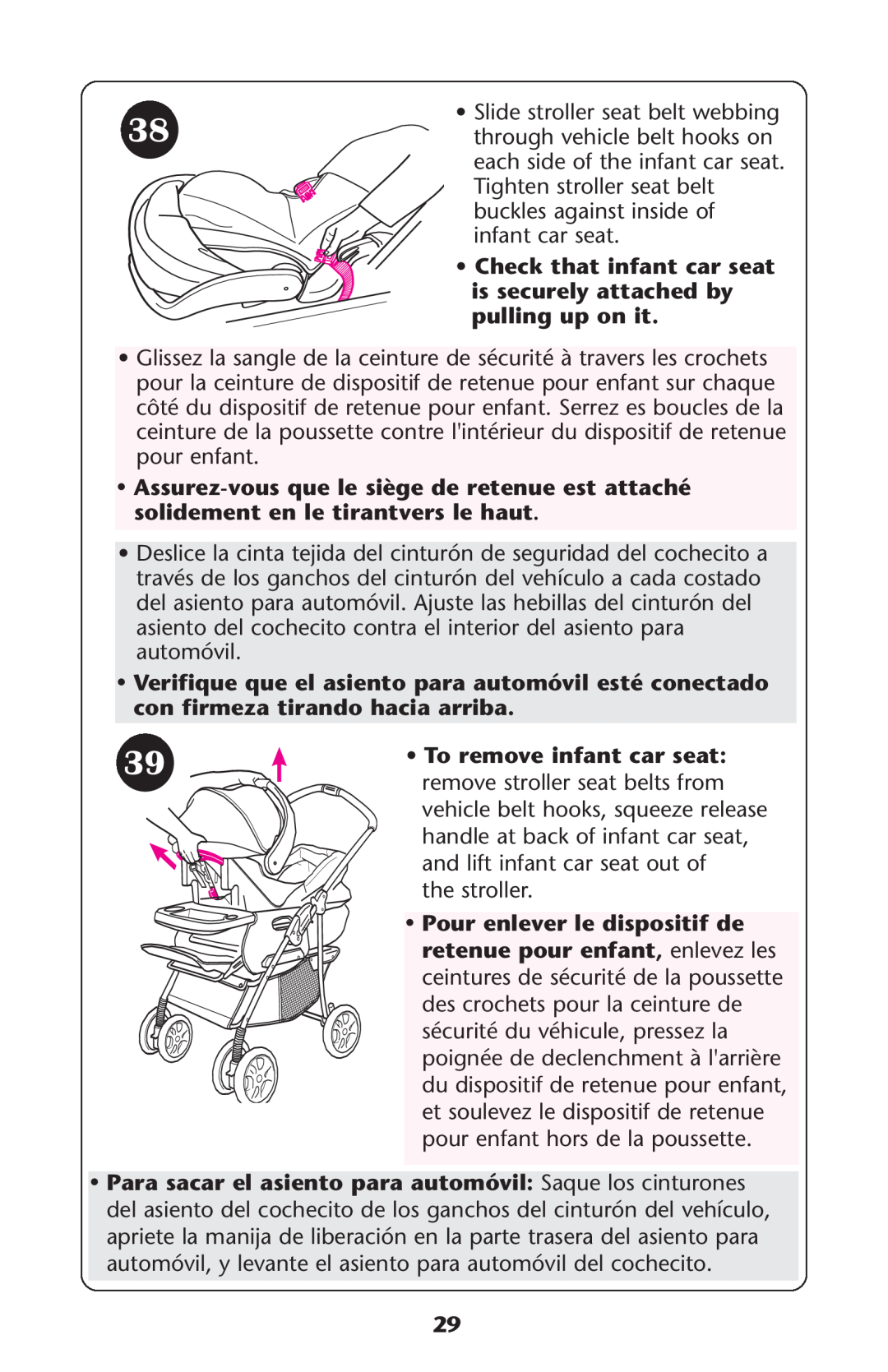 Graco ISPA108AB Check that infant car seat, is securely attached by, pulling up on it, con firmeza tirando hacia arriba 