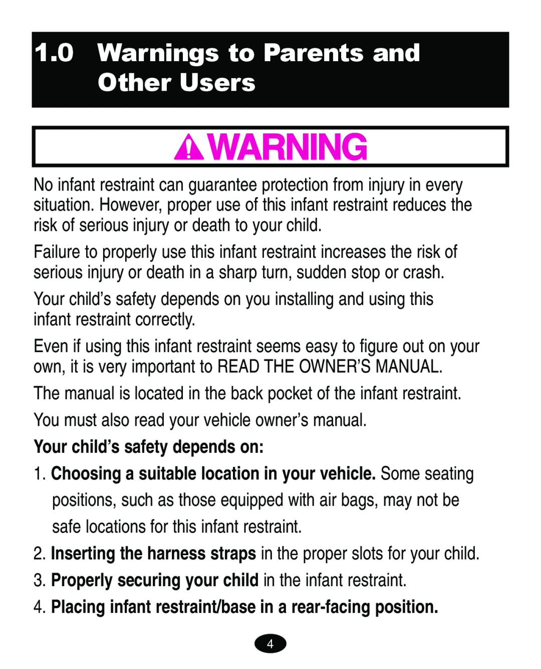 Graco ISPA108AB Warnings to Parents and Other Users, You must also read your vehicle owner’s manual 