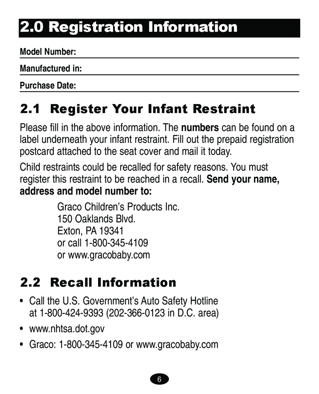 Graco ISPA108AB manual Registration Information, Register Your Infant Restraint, Recall Information, Exton, PA 