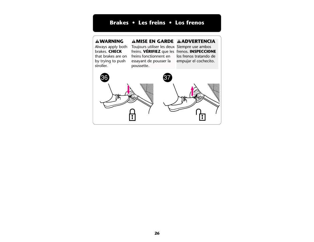 Graco ISPA109AB manual Brakes Les freins Los frenos, Frenos. Inspeccione 