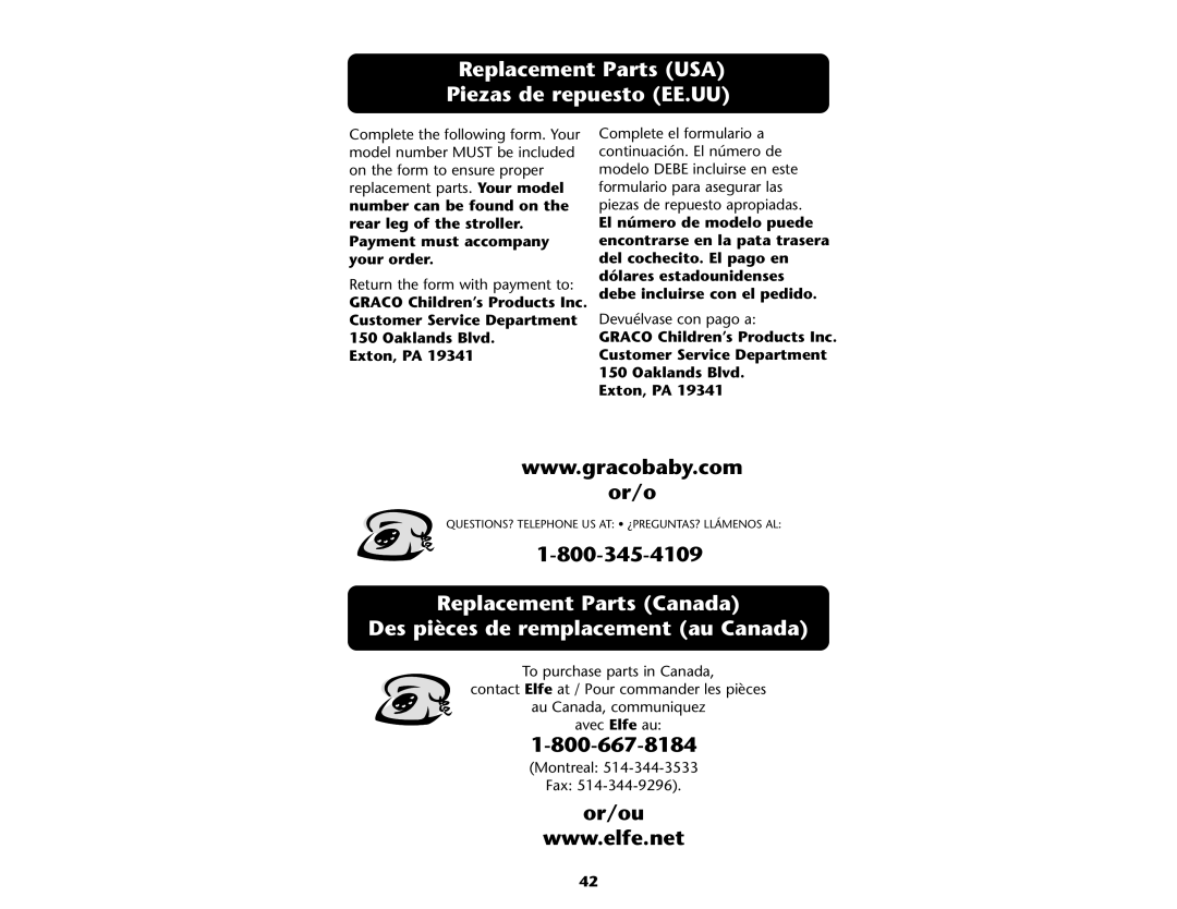 Graco ISPA109AB manual Replacement Parts USA Piezas de repuesto EE.UU, Or/ou 