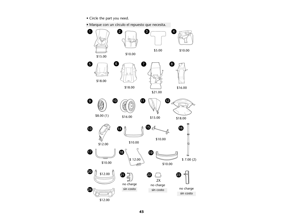 Graco ISPA109AB manual $10.00 $5.00 $15.00 $18.00 $16.00 $21.00 $8.00 $12.00 $ 7.00 