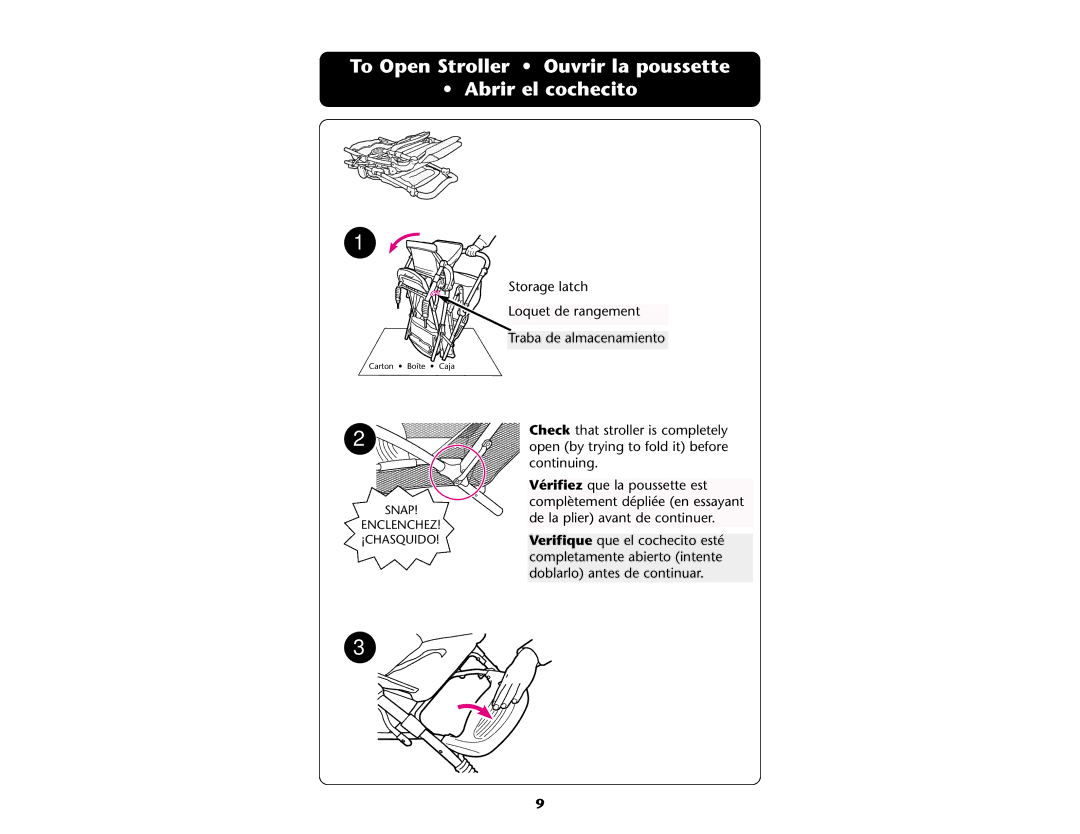 Graco ISPA109AB manual To Open Stroller Ouvrir la poussette Abrir el cochecito 