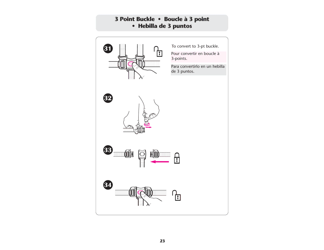 Graco ISPA109AC 08/05 manual Point Buckle Boucle à 3 point Hebilla de 3 puntos 