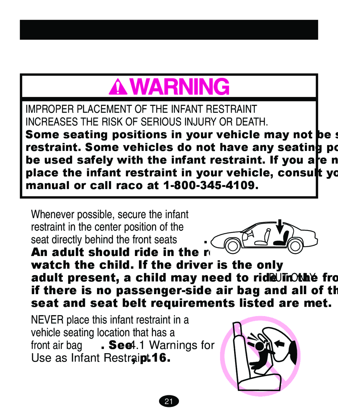 Graco ISPA109AC manual Infant Restraint Location, Vehicle Seat Requirements, Whenever possible, secure the infant 