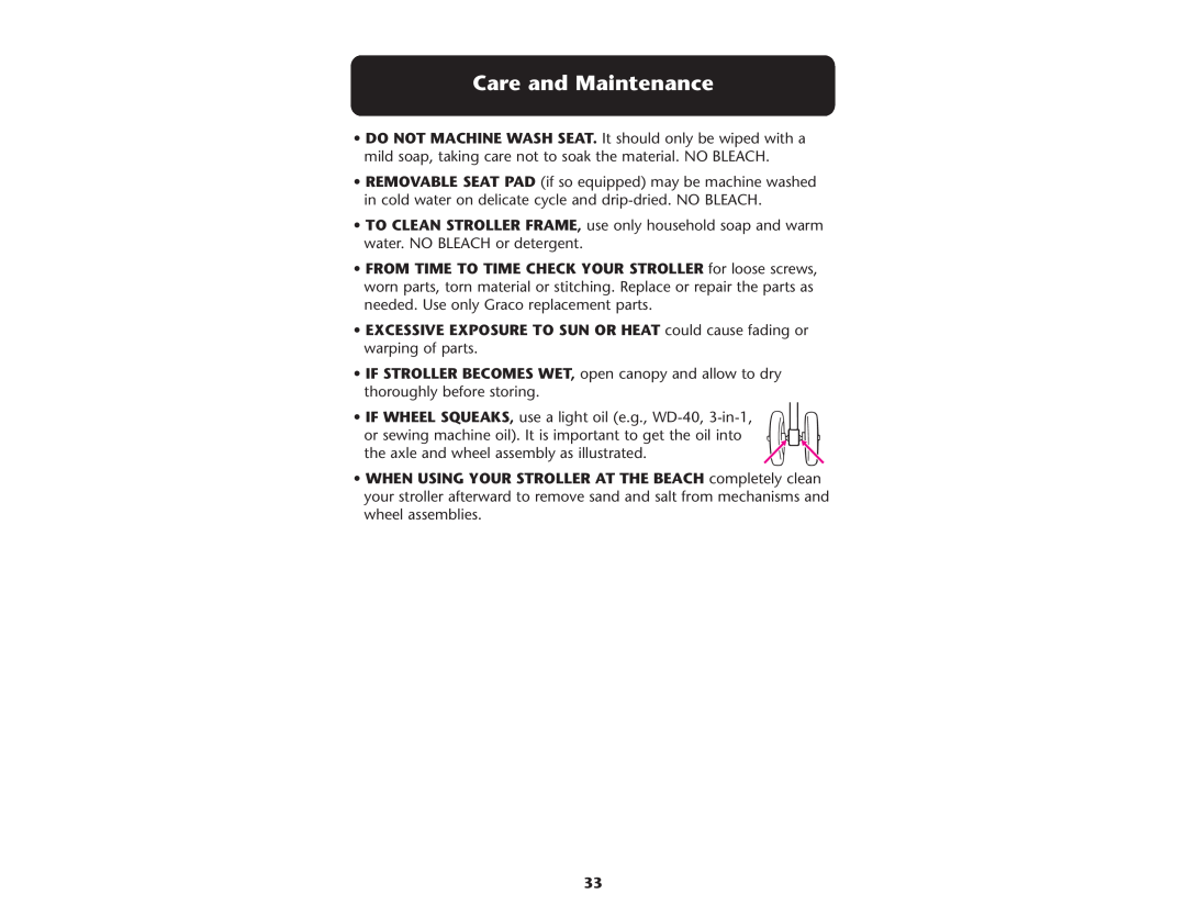 Graco ISPA109AC manual Care and Maintenance 