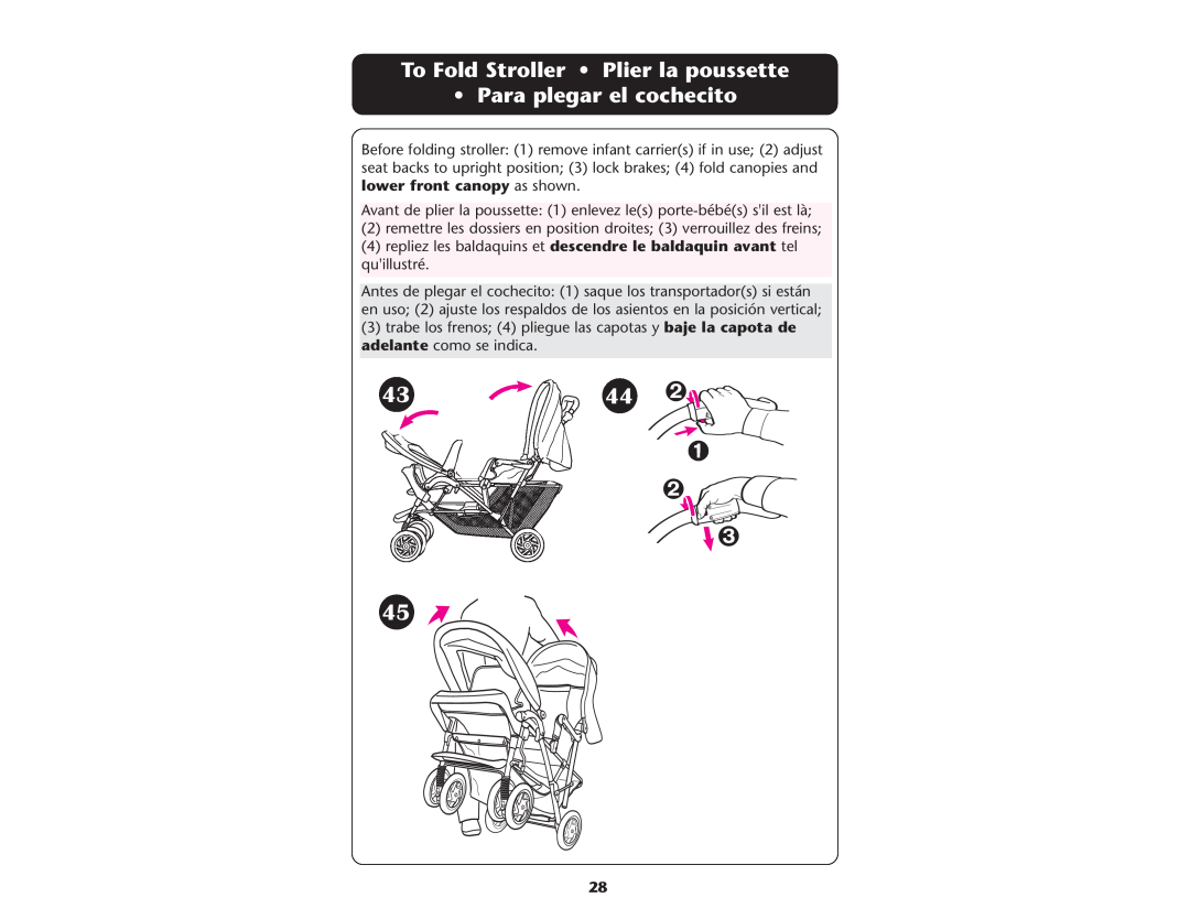 Graco ISPA109AC manual 44 ➋, To Fold Stroller Plier la poussette Para plegar el cochecito, ➊ ➋ ➌ 